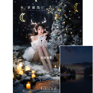 创美23年照相馆冬季耶p诞节森林写真背景布室内麋鹿耶诞喷绘背景