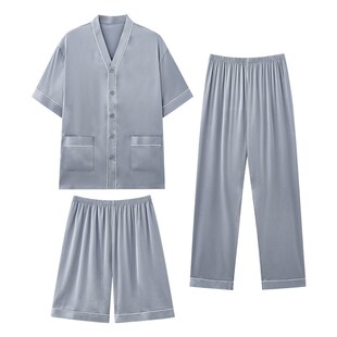 冰丝睡衣男夏季三件套装短袖长裤短裤薄款大M码夏天凉感男士家居