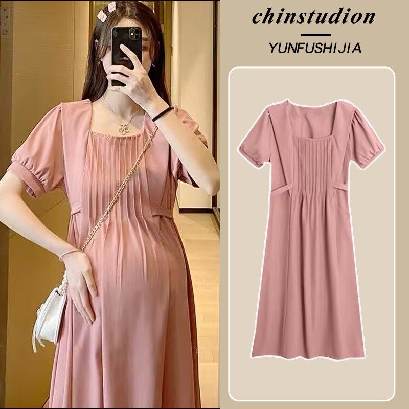 孕妇装夏天外出方领雪纺纯色裙子新款小众显高短袖中长款连衣裙潮,孕妇装/孕产妇用品/营养,连衣裙,淘宝优惠券,粉丝福利购,淘宝优惠卷