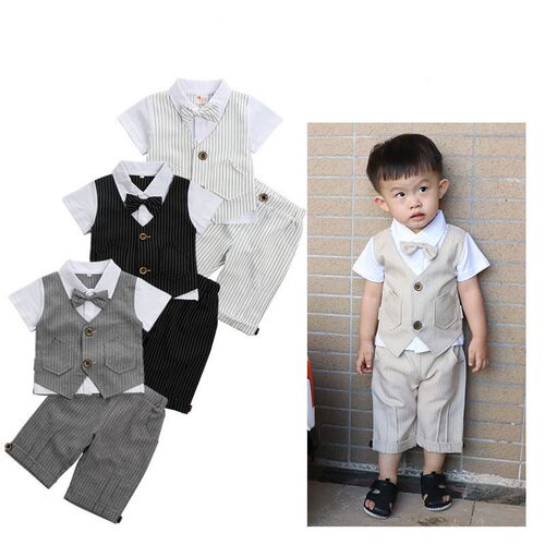 外贸夏季男童宝宝绅士婴幼儿上衣长裤两件套装英伦风礼服百日西装