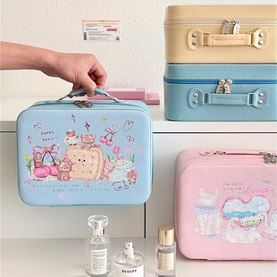 2024新款卡通插画化妆箱带镜子防水立体收纳包便携旅行手提洗漱包