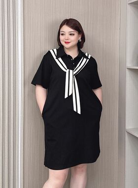 翻领短袖连衣裙女夏季新款大码女装胖mm宽松显瘦披肩飘带T恤裙子