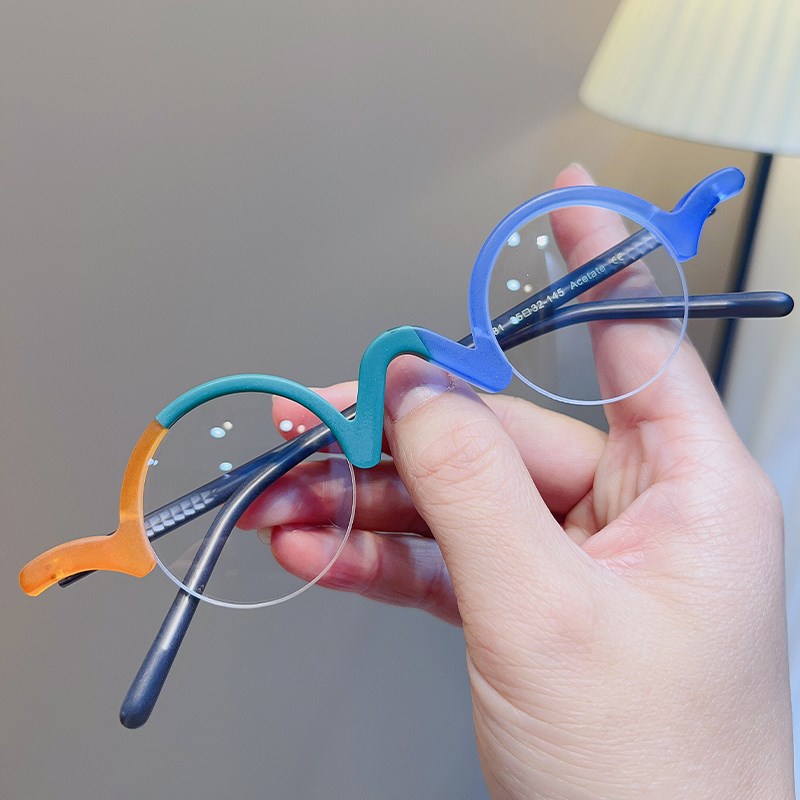 简丹百搭超轻手工板材眼镜架男女复古个性时尚拼色半框小圆框近视