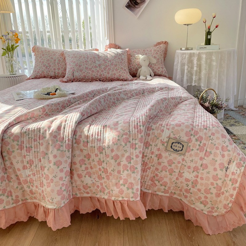 法式复古风全棉绗缝床盖四件套碎花单床盖枕套花边床上用品三件套