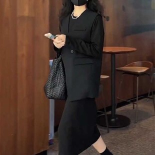 早秋新款休闲套装女韩版宽松直筒中长版长袖洋装西装背心两件套