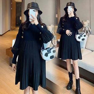 大码孕妇连衣裙秋冬长款针织上衣灯笼袖洋气韩版宽松A字200-300斤