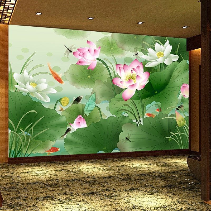 荷墙纸养生理疗佛堂背景墙装饰壁画青蜓鱼莲壁纸
