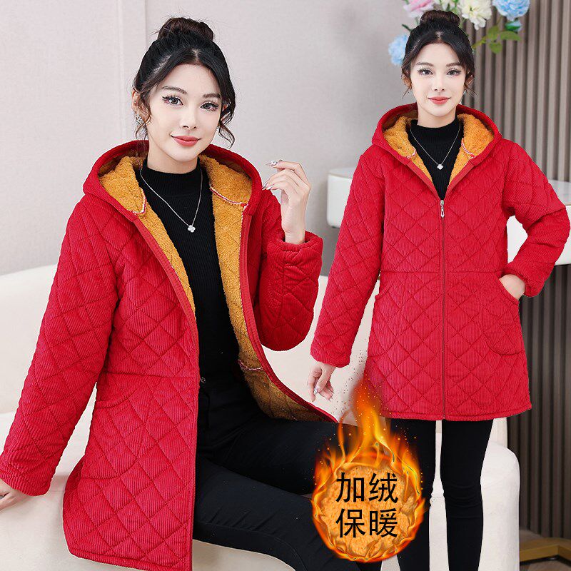 中长款罩衣妈妈加绒加厚衣女外穿大码保暖袄中老年女服