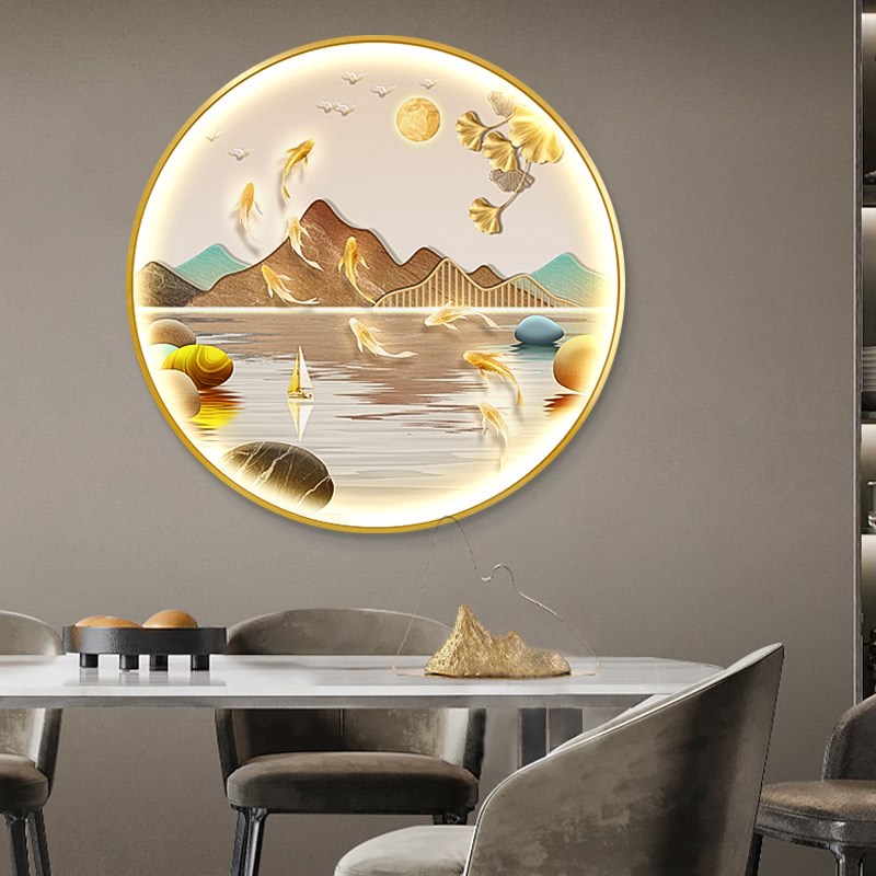 现代轻奢九鱼图玄关灯光画走廊过道装饰画客厅背景墙圆形发光挂画图片