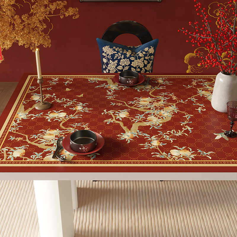 中式结婚桌布红色防水免洗皮革茶几桌垫喜庆氛围感餐桌布艺红石榴