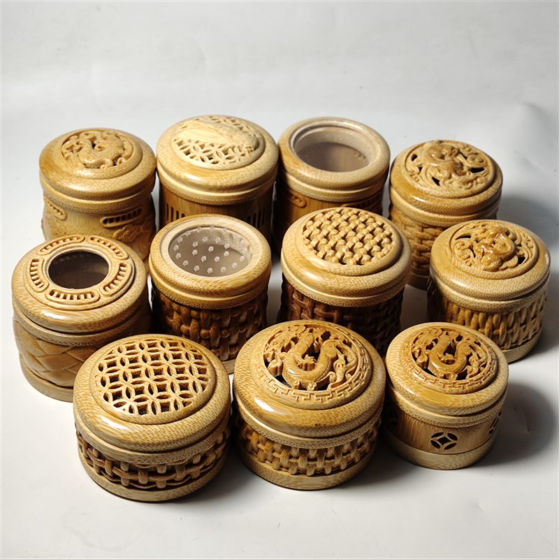 天然竹制镂空叫罐摆件玉竹雕刻编织纹虫具文玩精品纯手工打磨