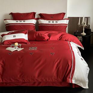 法式 全棉澳棉四件套蝴蝶结喜字刺绣红色喜庆结婚纯棉被套床单