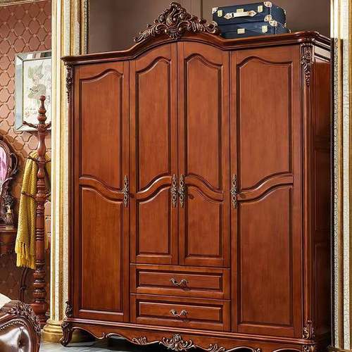 欧式美式复古卧室实木四门衣柜组装落地衣柜衣柜三门五门收纳衣橱