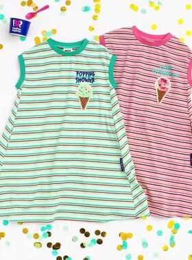 女童冰淇淋横条纹连衣裙中大童T恤裙背心裙宽松休闲沙滩裙亲子装