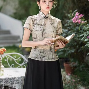 改良旗袍上衣2023年新款高端中国风复古唐装女两件套夏季茶服套装