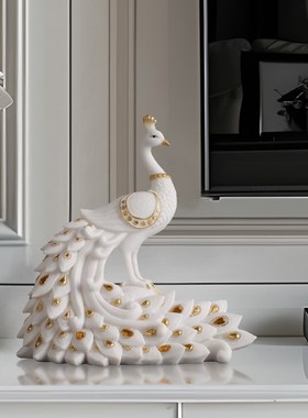 轻奢孔雀装饰摆件客厅桌面电视柜玄关装饰品新中式复合砂岩工艺品