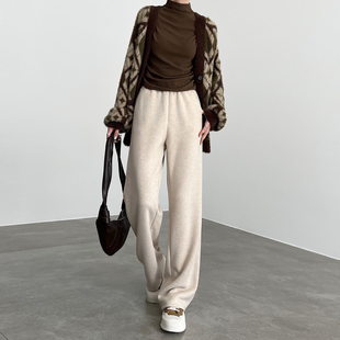 米色人字纹阔腿裤女秋冬2024新款高腰窄版小个子直筒毛呢加绒裤子