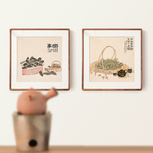 新中式茶室挂画方形禅意水墨茶壶茶叶四联日式茶楼餐厅酒店装饰画