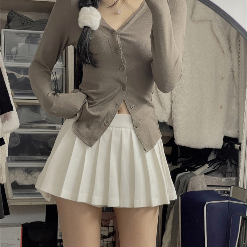 卡其色西装超短百褶裙女春秋2024新款高腰显瘦jk短裙a字半身裙子