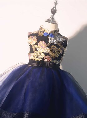 女童旗袍礼服钢琴演出服走秀前短后长花童婚纱蓬蓬纱主持人公主裙