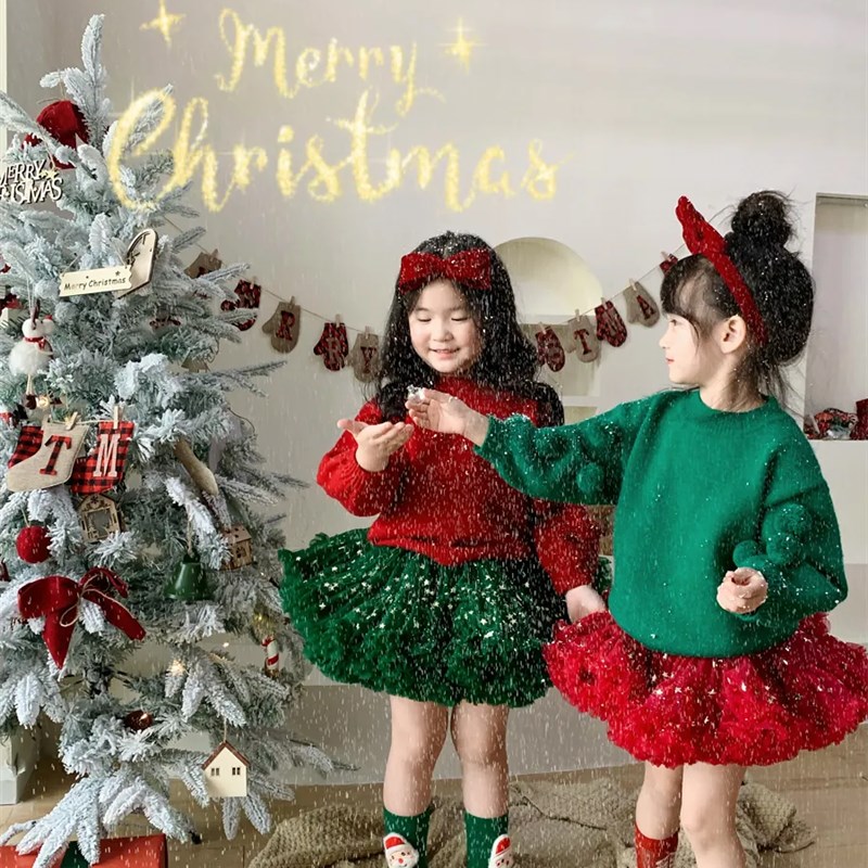 圣诞穿搭女童针织打底衫秋冬内搭薄款2023新款红色上衣绿色毛衣春