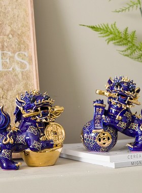 手工陶瓷蓝色描金招财小麒麟一对摆件新中式玄关家居日式软装饰品