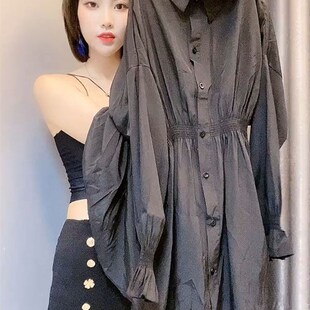2022春秋新款中长法式复古收腰衬衫女修身显瘦打底衬衣灯笼袖上衣