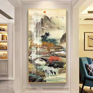 安居福地十字绣旭日东升流水生财新款客厅竖版玄关图大格棉线满绣