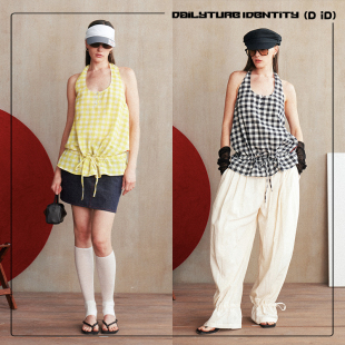 棉亚麻混纺泡泡格纹复古系带挂脖背心上衣26新 Cecily DID DAILY