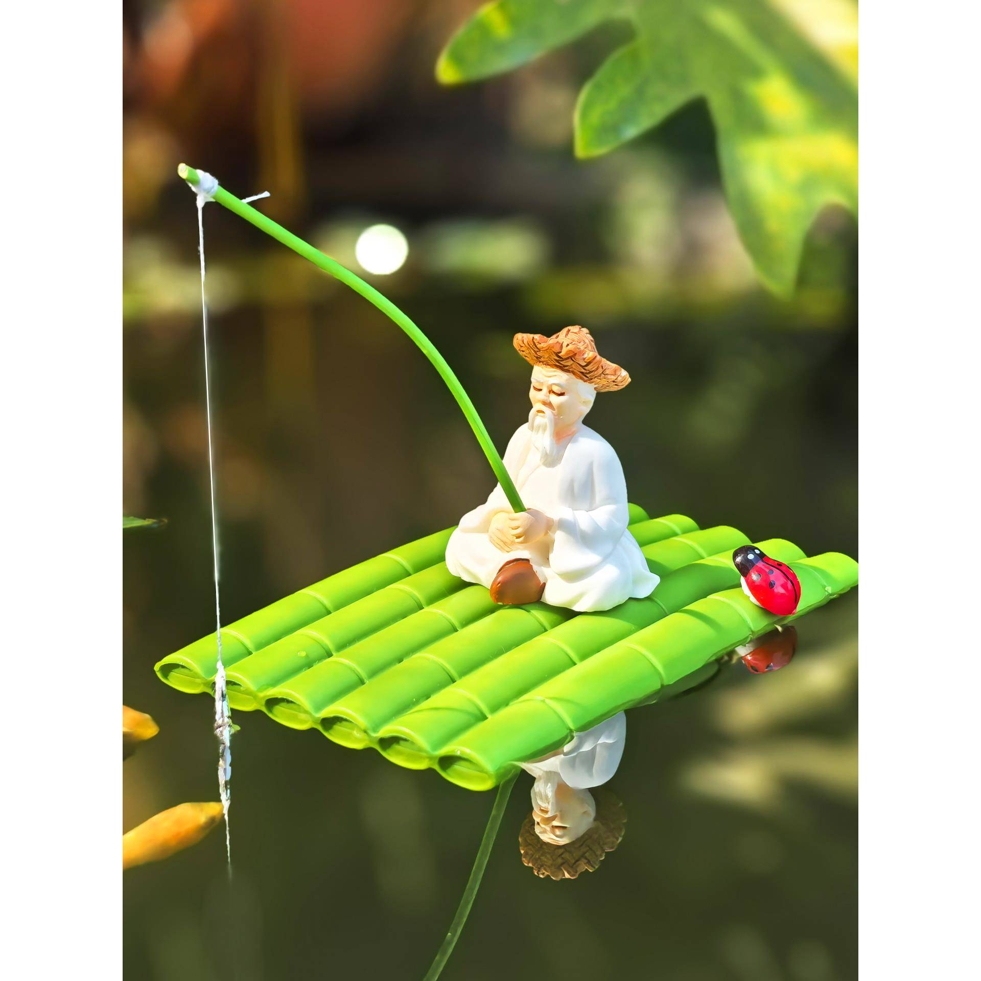 水面漂浮竹排竹筏姜太公钓鱼翁摆件熊猫垂钓庭院鱼池鱼缸造景装饰