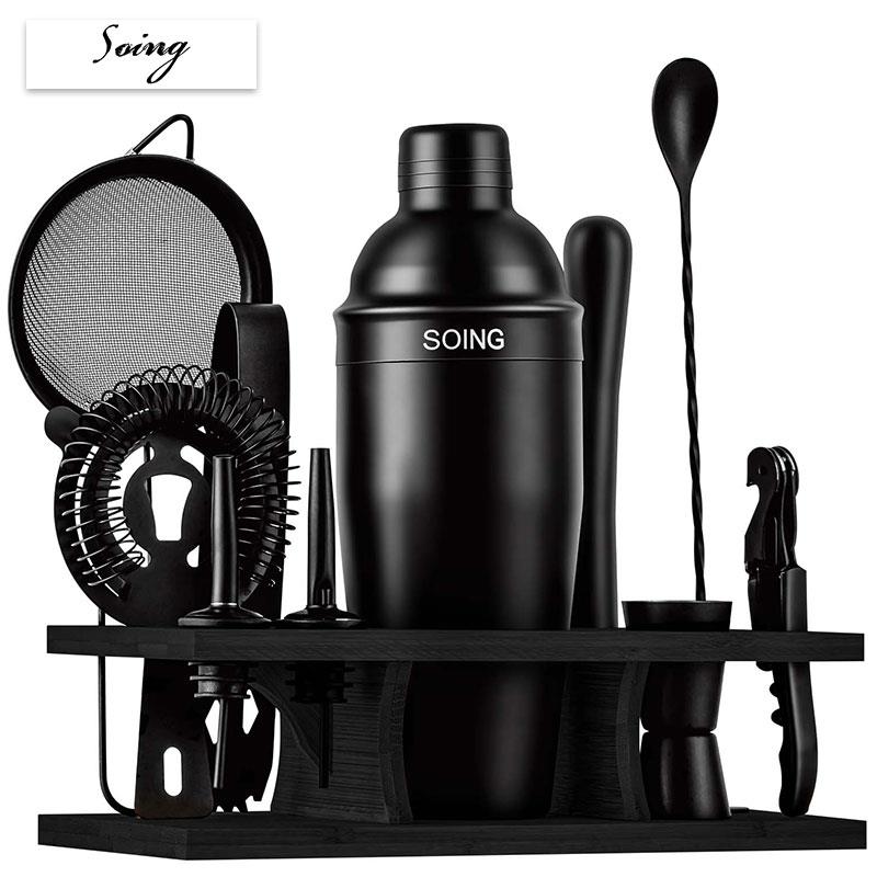 SOING调酒器套装304不锈钢雪克壶美式雪克杯带木架入门级调酒工具