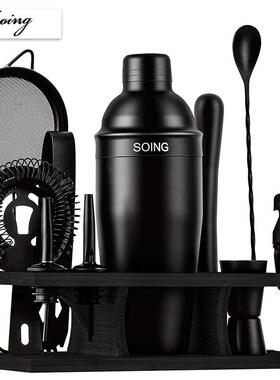 SOING调酒器套装304不锈钢雪克壶美式雪克杯带木架入门级调酒工具