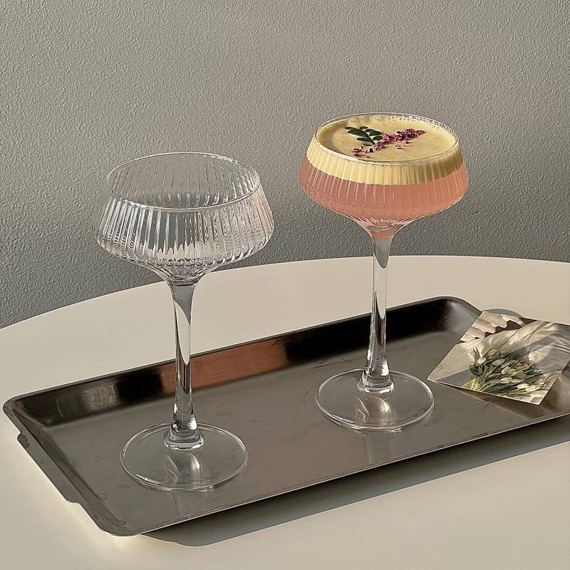 日式木村高脚鸡尾酒杯条纹玻璃杯红酒杯香槟杯女士甜酒气泡水杯子