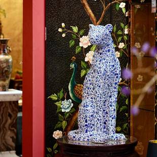 【本尼家】BJ06马赛克青花瓷手工贴片家居装饰品玄关摆件豹子