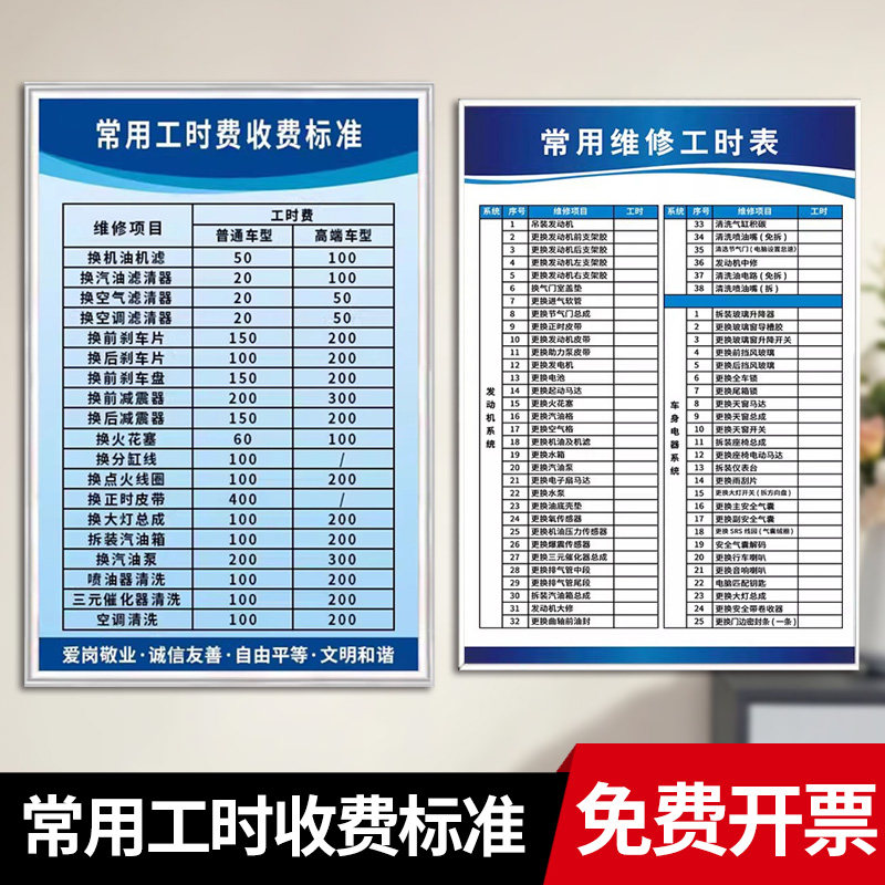 常用工时费收费标准类汽修厂规章制度举升安全操作规程店修车修理