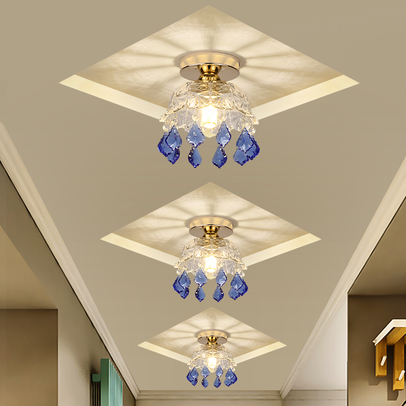 水晶入户吸顶灯过道走廊灯现代玄关灯家用吊珠灯蓝色明装三色灯具