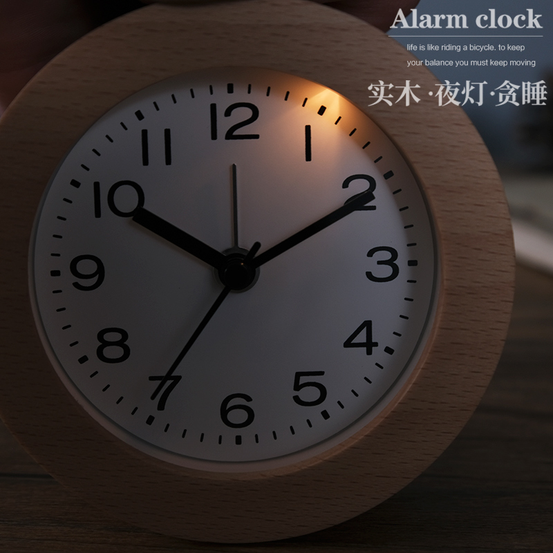 TQJ实木夜灯贪睡小闹钟床头座钟学生用静音桌面时尚台面时钟台钟
