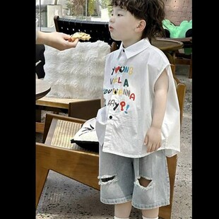 套装 破洞牛仔短裤 2024新款 衬衫 洋气宝宝儿童衣服 时髦短袖 男童夏装