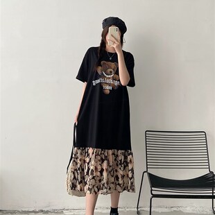 纸片人短袖t恤长裙女2024夏季新款大码宽松拼接碎花雪纺连衣裙子
