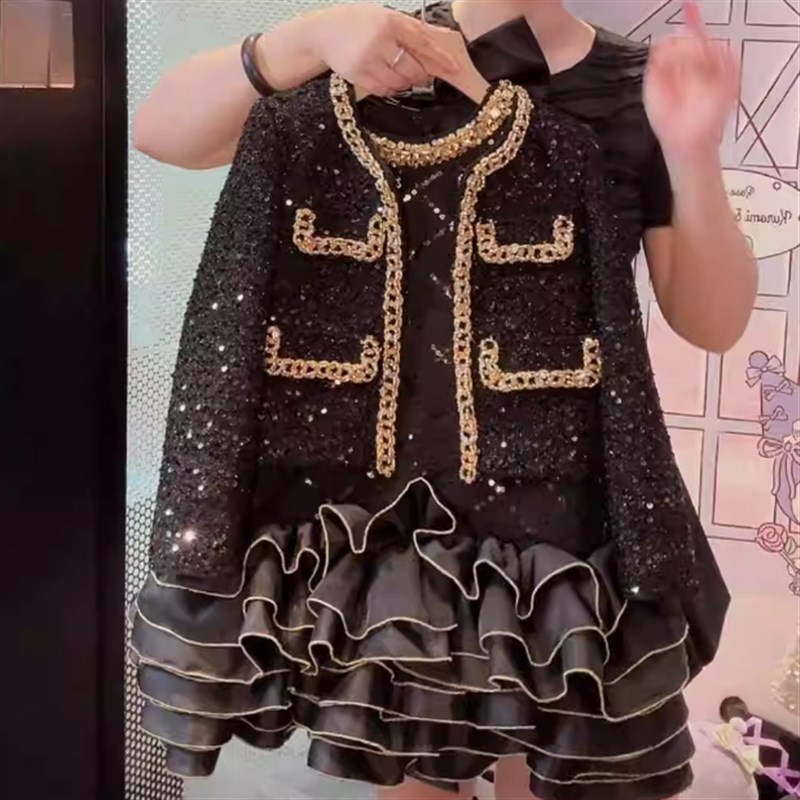女童加绒连衣裙2024冬季新款女孩高端礼服裙亮片蛋糕裙新年装纱裙