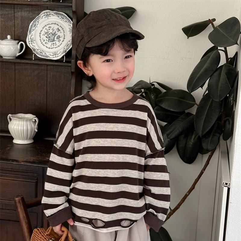 暮晨家新款春装2025男童条纹长袖卫衣中小童反做破洞上衣打底衫潮