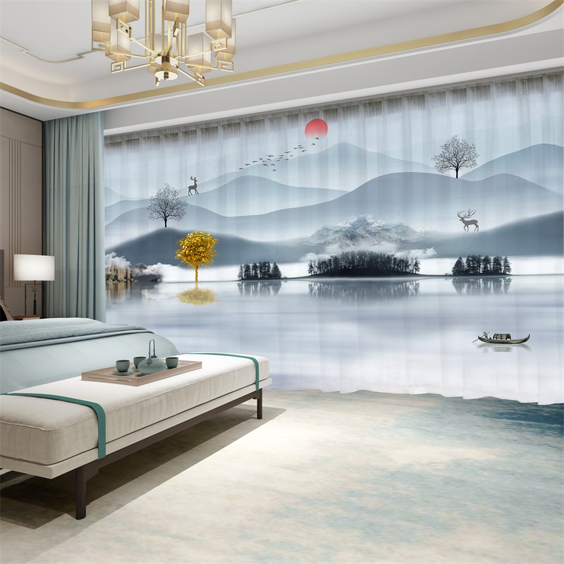 新中式窗帘遮光禅意山水画水墨纱幔国风古典茶室书房客厅隔断纱帘