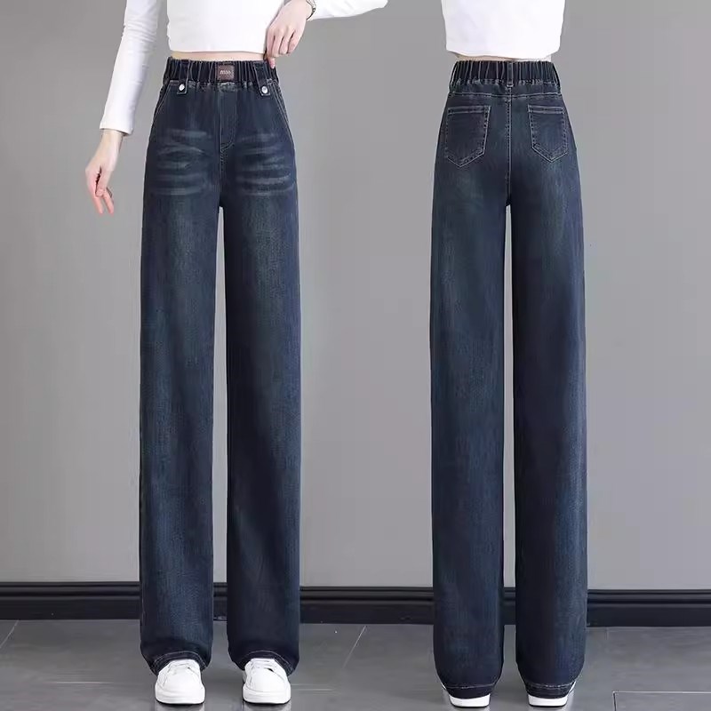 广州新塘牛仔裤直筒高腰长裤2025秋冬新款加绒加厚女士窄版阔腿裤
