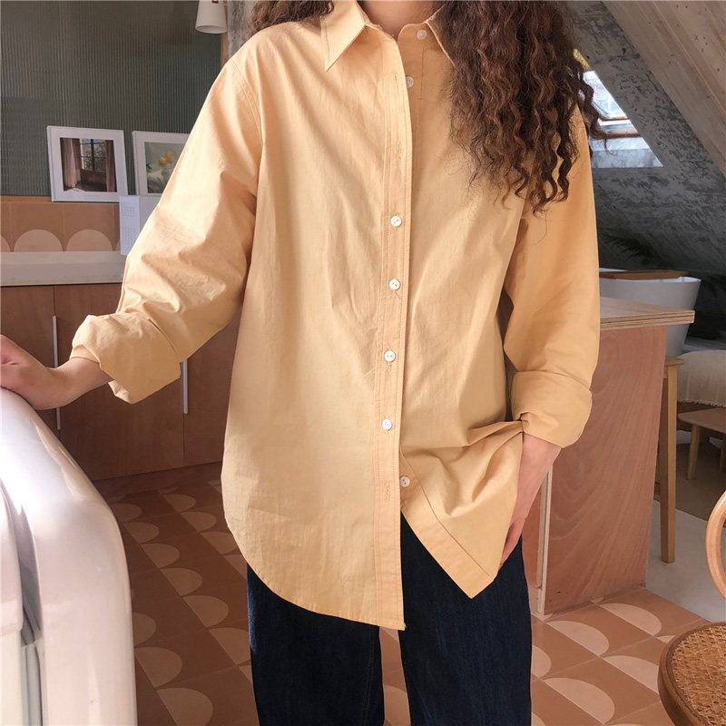春季奶黄色衬衫女复古港味宽松休闲中长款外套长袖百搭鹅黄色衬衣