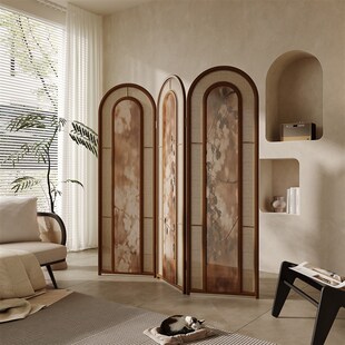 设计师中古屏风隔断藤编实木家用客厅入户进门装饰隔断墙酒店餐厅