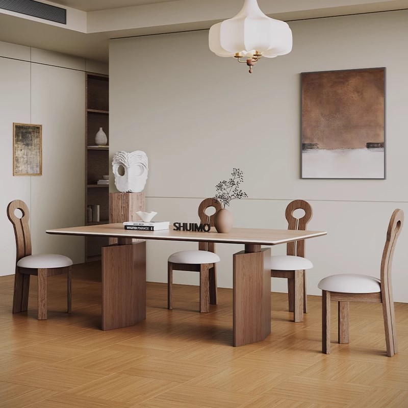 法式奶油复古风实木德利丰岩板家用黑色圆形饭桌胡桃色旋涡桌椅子