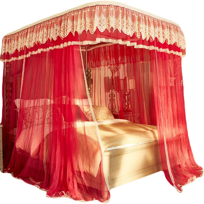 欧式红色U型导轨蚊帐结婚床帐加厚加密蚊罩1.8新婚房帐纱家用网帐
