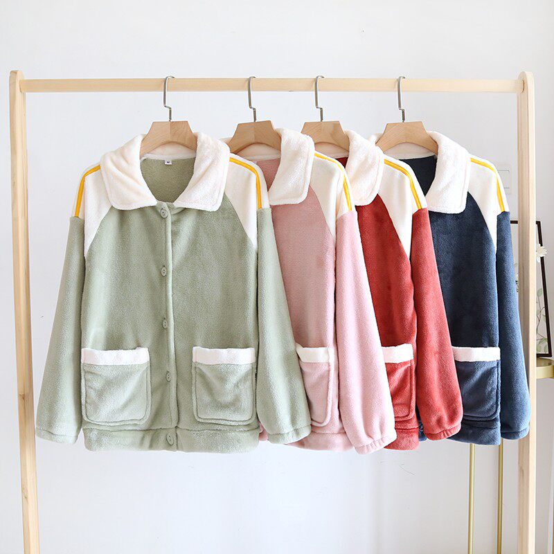 法兰绒睡衣女上衣秋冬单件加绒加厚大码保暖长袖开衫珊瑚绒家居服