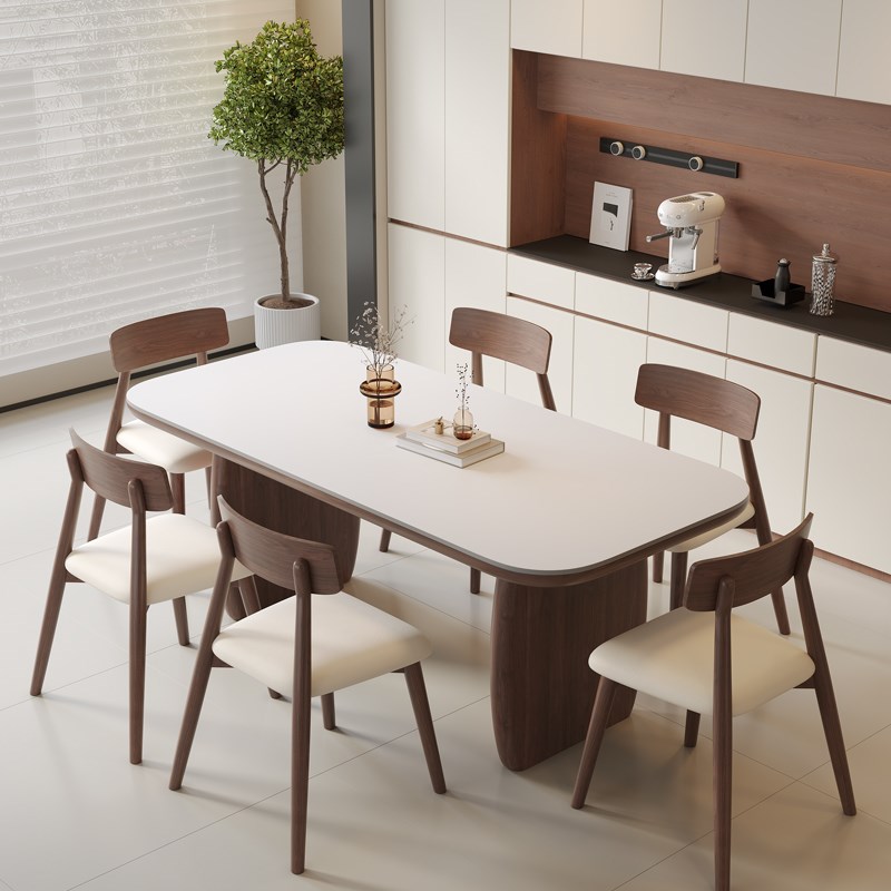 北欧胡桃风家用大小户型餐桌椅组合岩板实木长方形客厅餐厅吃饭桌