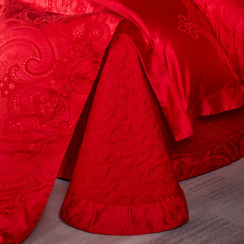 100S全棉大红色婚庆四件套结婚床上用品纯棉提花被套床单床盖款
